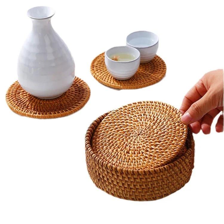 6 Stück Getränkeuntersetzer Set für Kungfu Tee Zubehör Rundes Tischgeschirr Platzset Geschirrmatte Rattanwebe Tassenmatte Untersetzer Durchmesser 8cm