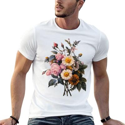 Vintage Botanical Art Beautiful Yellow Daisy And Pink Rose Flowers Tshirt Streetwear Print Tee Shirt