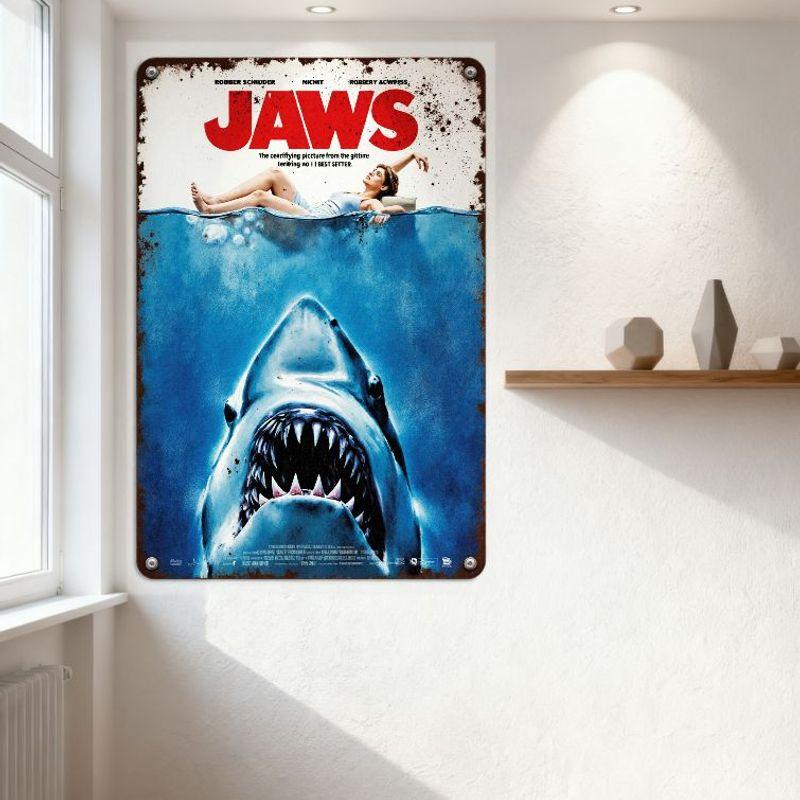 Jaws Vintage Metal Tin Sign, Distressed Rusty Border, Great White Shark Attack Scene, Home Decor for Man Cave Bar Cafe, Retro Mo