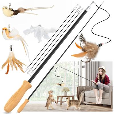 ROSAUI Cat Toy Set of 2, 107cm Telescopic, Wooden Handle, Includes 3 Feather Toys and 2 Bird-Shaped Toys, Interchangeable Heads, Cat Toys for