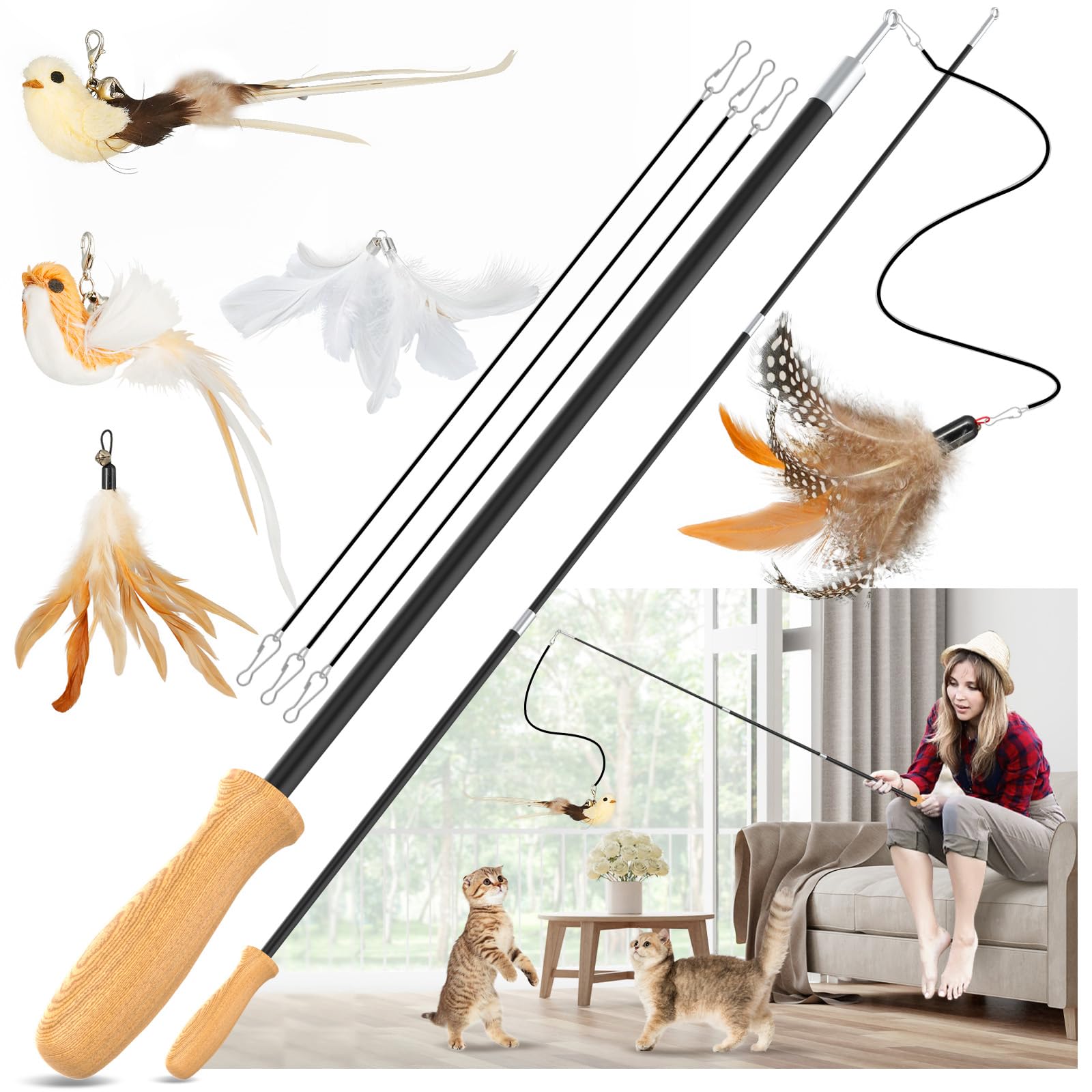

ROSAUI Cat Toy Set of 2, 107cm Telescopic, Wooden Handle, Includes 3 Feather Toys and 2 Bird-Shaped Toys, Interchangeable Heads, Cat Toys for