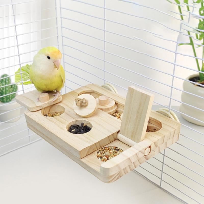 Wooden Bird Foraging Toy with Enrichment Puzzle for Training & Chewing Natural Wood Stand Platform Feeder Cage Decors