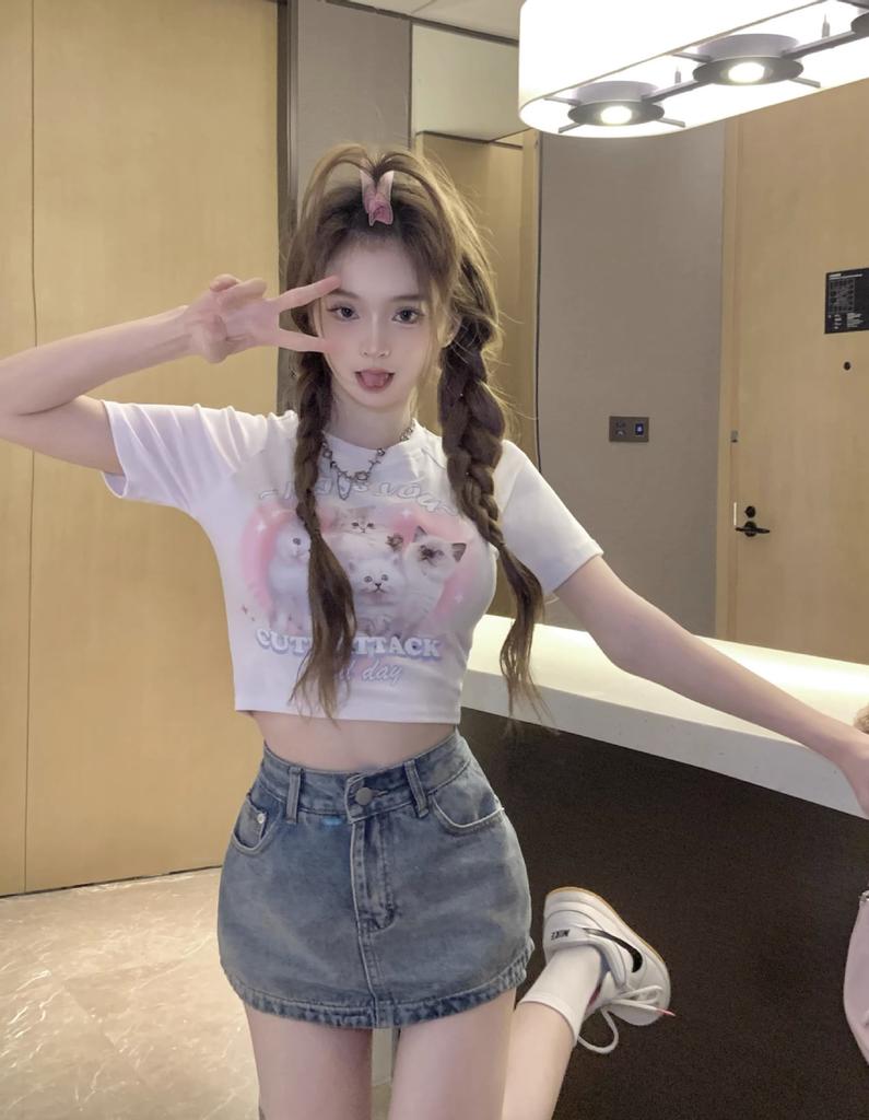 Cute Cat Print White Short-sleeved T-shirt Women's Summer New Slim-fit Short Spice Girl Versatile Top Ins