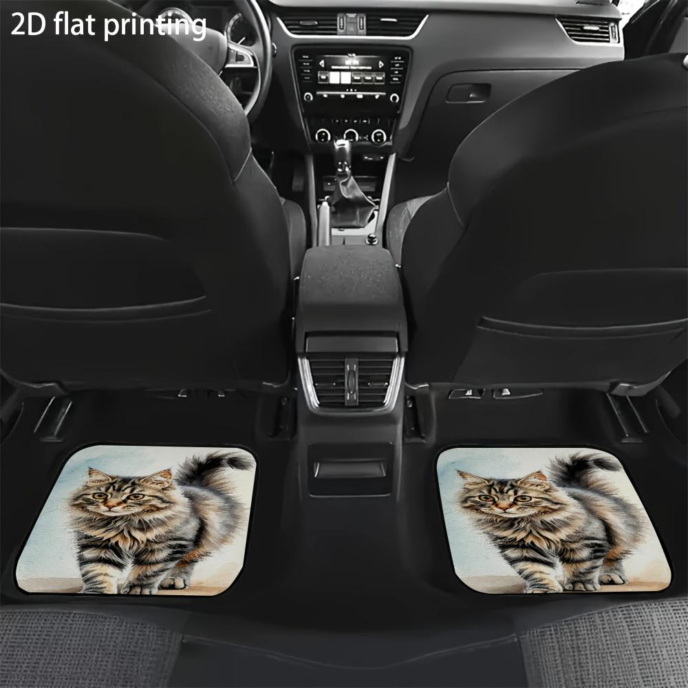 4pcs Car Floor Mats, Long-Haired Cat In Watercolor Design, Universal Fit For Front And Rear Seat Accessories, Material, Wear Res