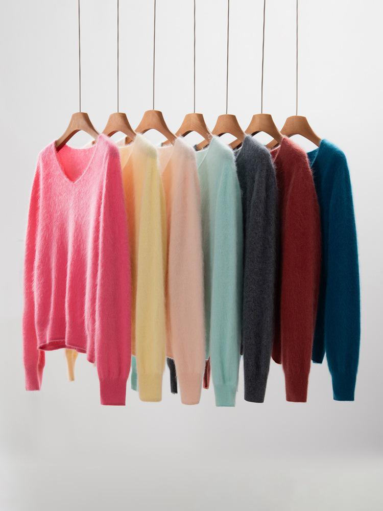 Women's Brushed Wool V-Neck Long-Sleeve Sweater: Autumn/Winter Loose Slimming Knitted Pullover Top