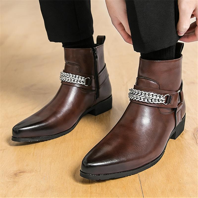 Winter Fashion New Men's Metal Chain Pointed Casual Chelsea Ankle Boot Male Black Brown Chelsea Leather Shoes Zapatos Hombre
