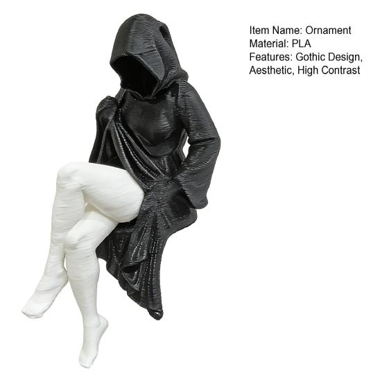 Dark Gothic Queen Sitting Statue, 3D Printed Faceless Lady Figurine in Black Robe for Desktop Shelf Decor, High-Contrast Black And White