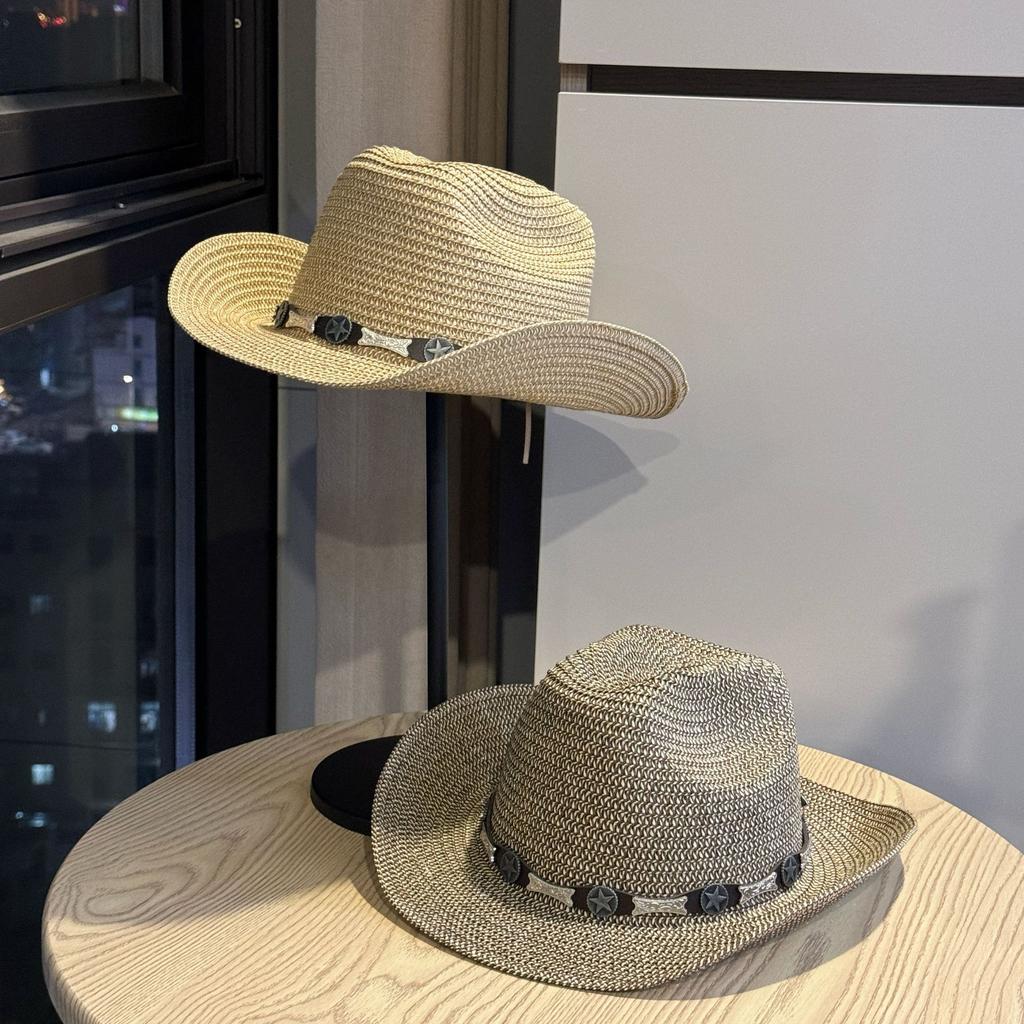 New Retro American Western Denim Wide-brimmed Straw Hat Women's Summer Sun Protection Visor Ethnic Style Travel Fashion