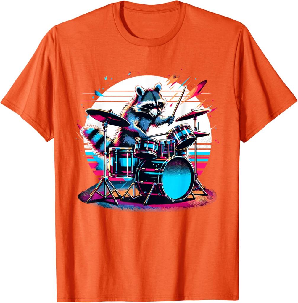 Raccoon Drummer Musician Retro Graphic TShirt Breathable Casual Cotton Tee