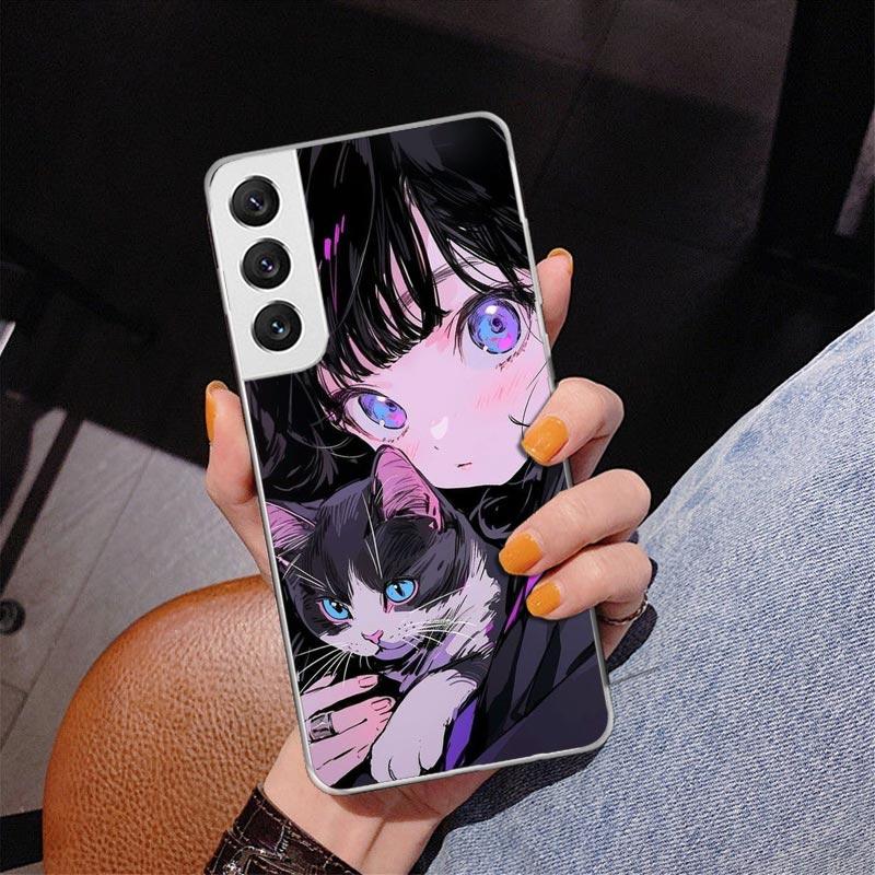 Cute Anime Ins Girls Animal Cat Phone Case For Samsung Galaxy S24 S25 Edge S26 Ultra S23 S22 S21 Plus S20 FE + Personalized Prin