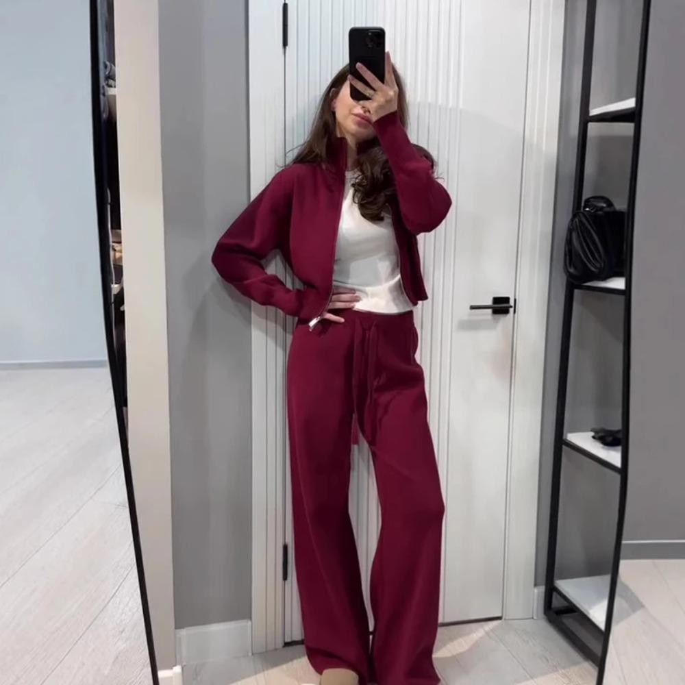 Lady Solid Tracksuit Casual Knitted Cardigan Pants Sets 2 Pieces for Women Stand Collar Zipper Coat Wide Leg Pants