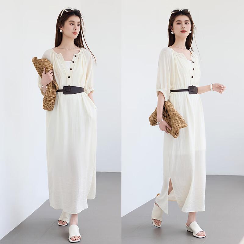 VICTORIA&VERA Women's Cotton Linen V-Neck Midi Dress with Belt