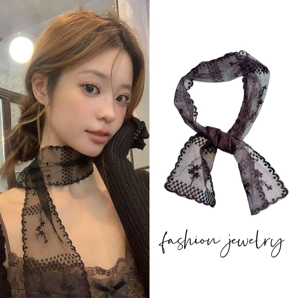 1pcs Cute Sweet Flower Lace Neck Strap Dressing Decoration Korean Style Hair Band Neckerchief Transparent Long Ribbon Head Scarf