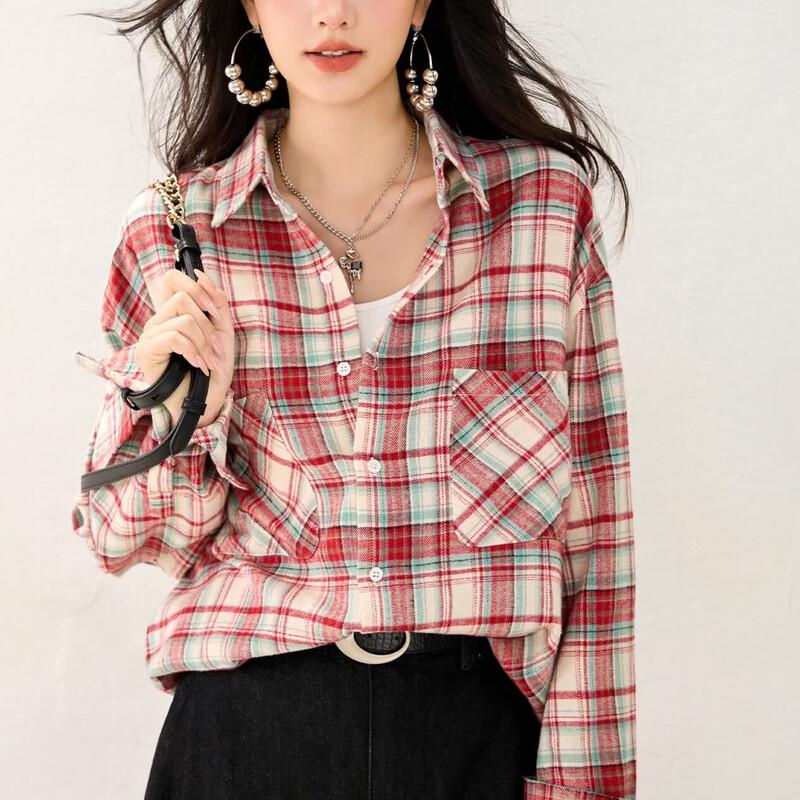 Women's Retro Plaid Lapel Cotton Shirt