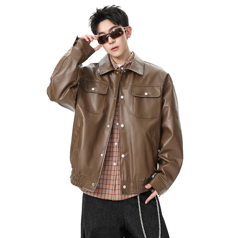 Men's Brown Faux Leather Bomber Jacket - Oversized Casual Streetwear PU Leather Jacket with Pockets