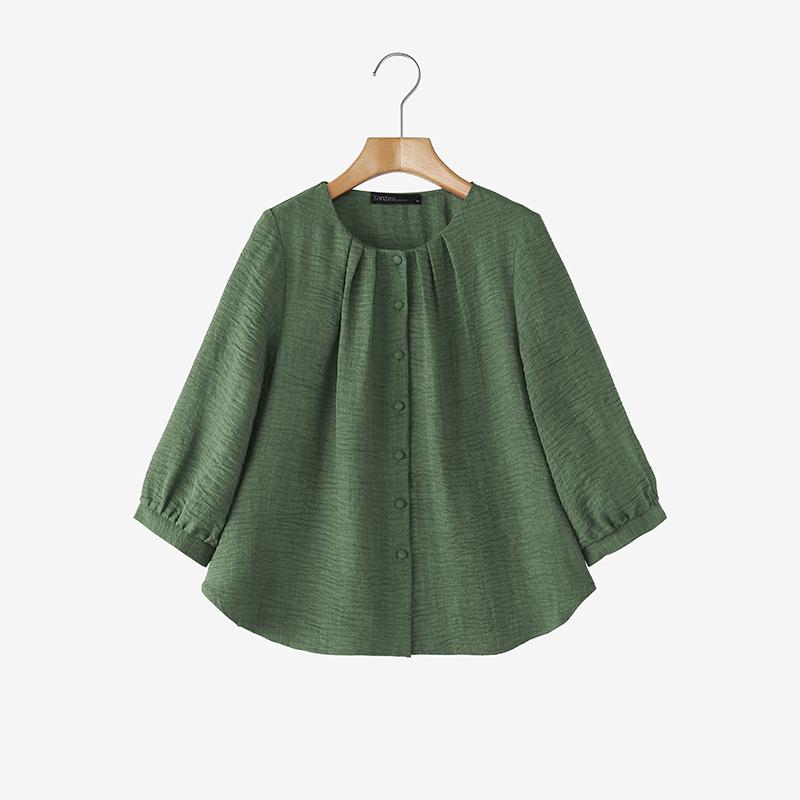 ZANZEA Women Casual Round Neck Solid Color 3/4 Sleeve Loose Blouse