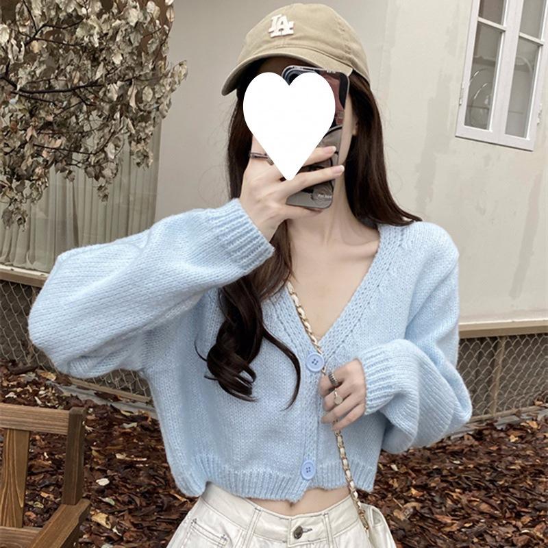 

Autumn and winter shawl with shoulder sweater jacket short pink neck knitted cardigan top women average size светло-синий