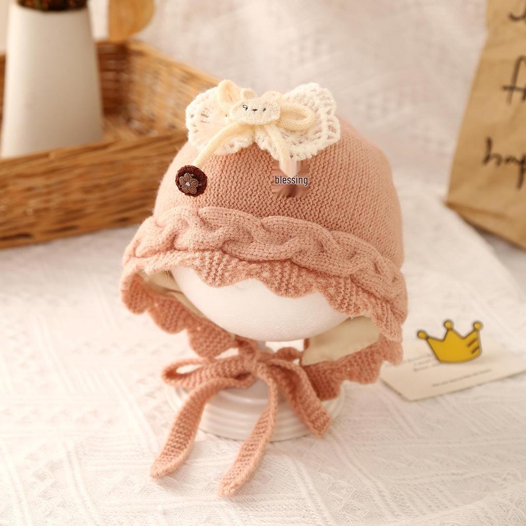 Jesienno-zimowa urocza dziergana wełniana czapka dla małych dziewczynek z ochroną uszu