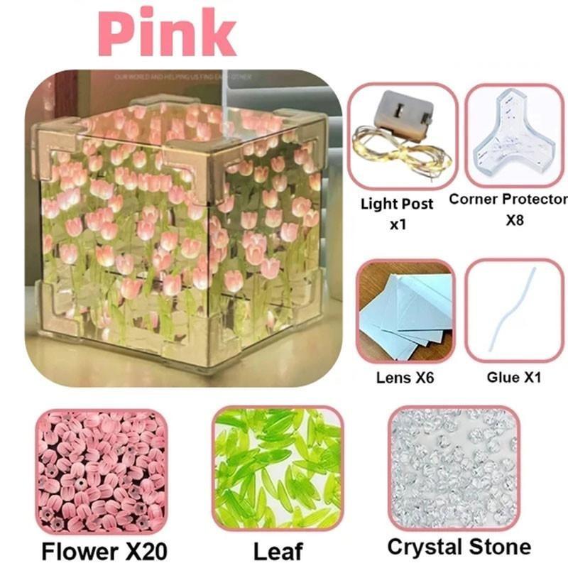Handmade DIY Tulip  Cube Lamp Simulation Flower Bedroom Sleeping Table Night Light Birthday Gift