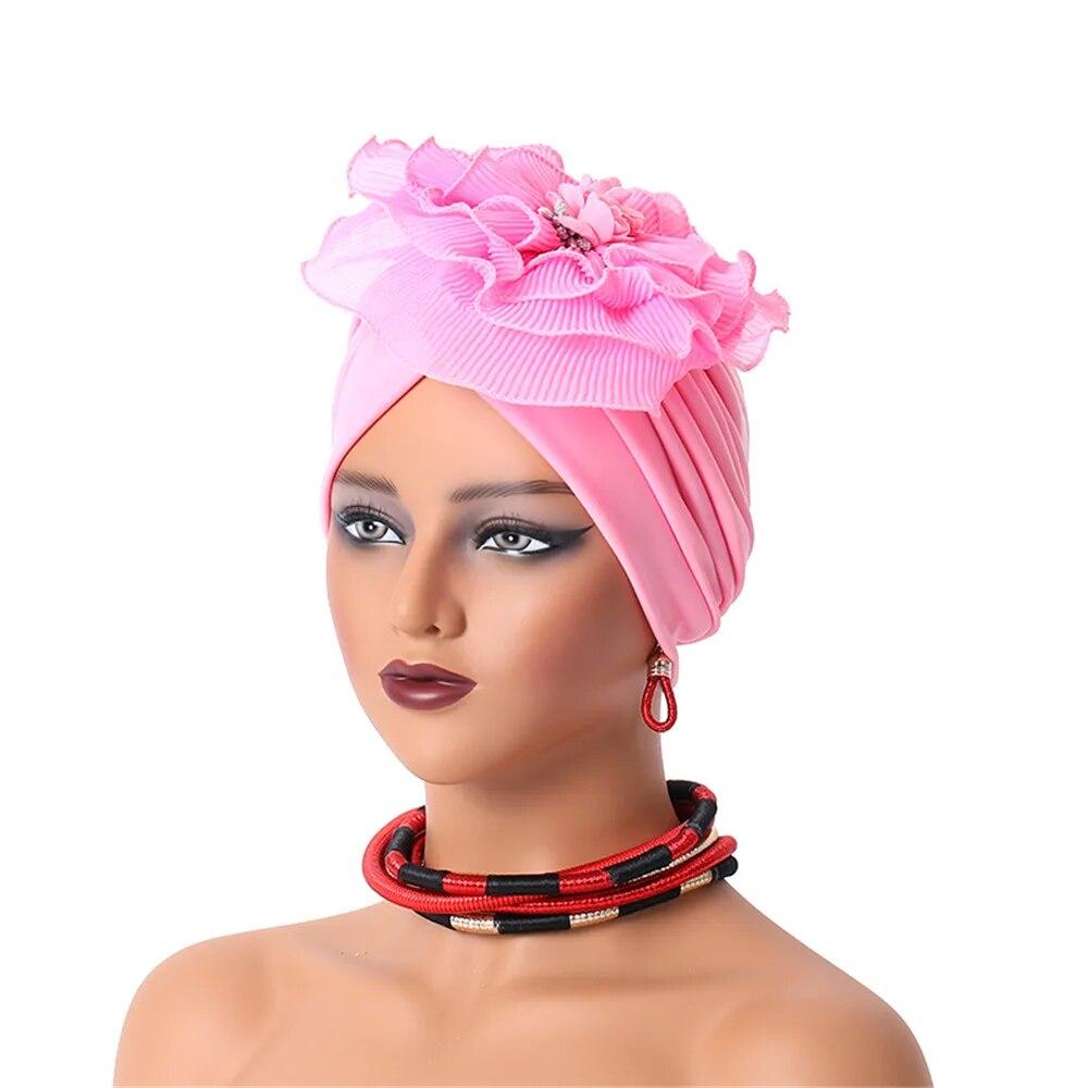 Ruffled Flower Women Turban Cap Female Head Wraps