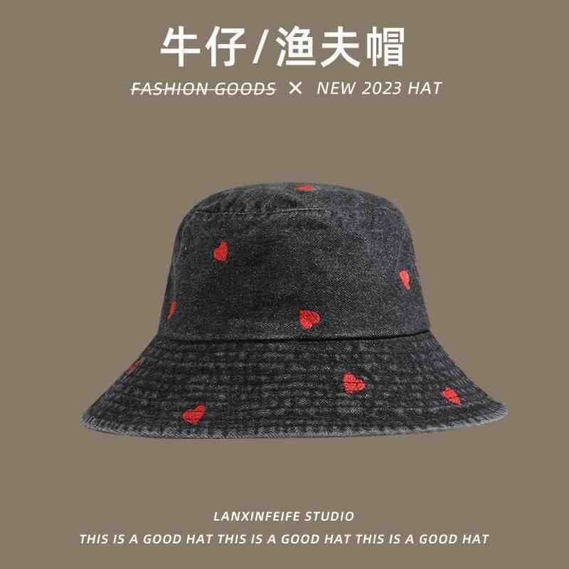 Red heart embroidered cowboy bucket hat female Harajuku retro Hong Kong wind basin hat Internet celebrity spring and summer visor bucket hat