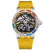 Men Luxury Rainbow Zircon Bezel Skeleton Quartz Watch Luminous Hands Waterproof Silicone Strap Hip Hop Sport Wristwatch Male Gift Clock