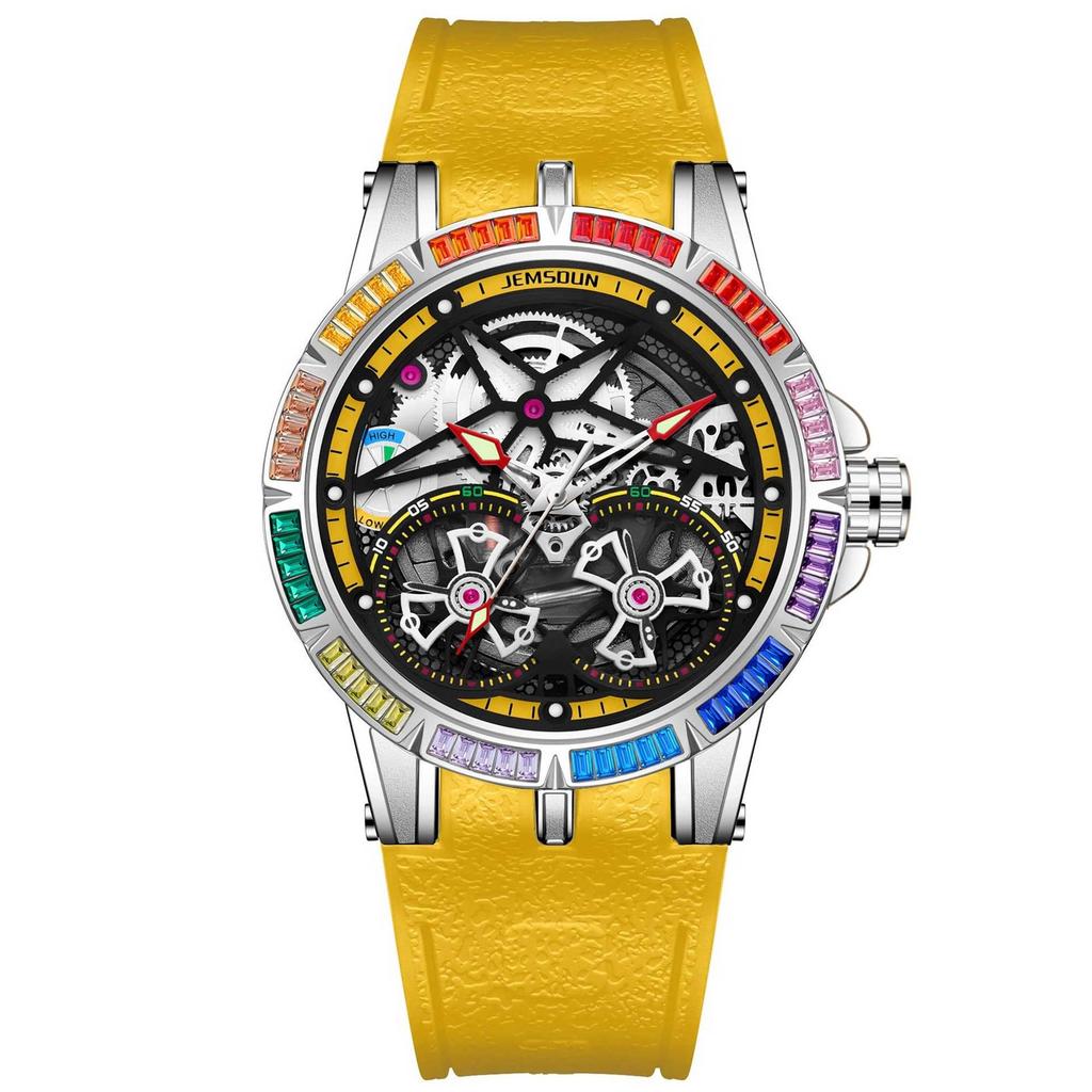 Men Luxury Rainbow Zircon Bezel Skeleton Quartz Watch Luminous Hands Waterproof Silicone Strap Hip Hop Sport Wristwatch Male Gift Clock