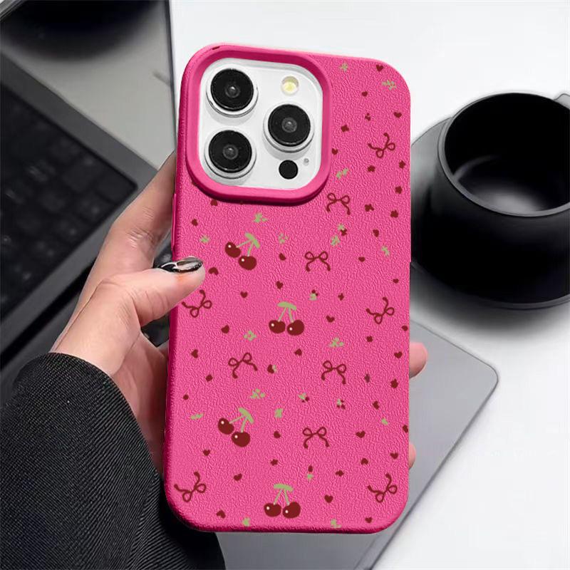 Little Cherry Bowknot Print Soft Matte Case For iPhone 16 Pro Max 15 Pro 14 13 12 11 TPU Leather Texture Shockproof Slim Phone Cover