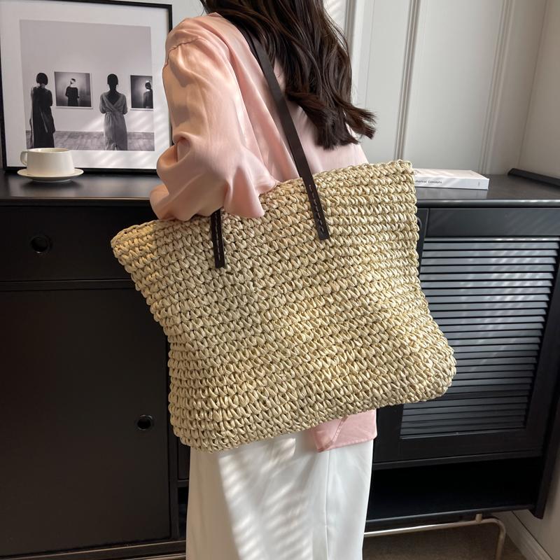 Luxury Design Straw Woven Tote Bags for Women Large Capacity Shoulder Beach Bag Pure Color Summer New Big Shopping Handbag