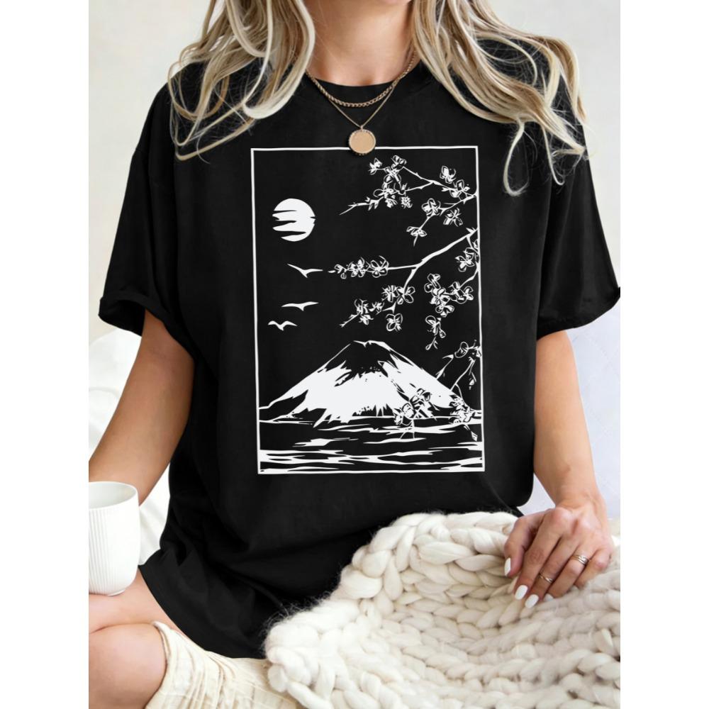 Cherry Blossoms In Mount Fuji Print Women T Shirts Summer Hip Hop Short Sleeve Cotton Y2K Oversized Clothes T-Shirt