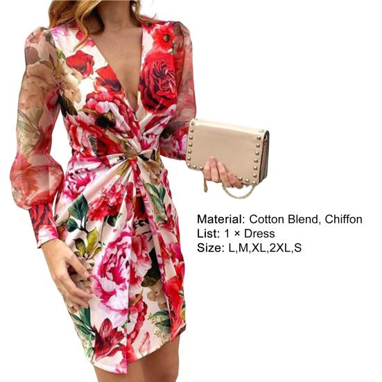 Tief ausgeschnittenes Netz-Langarm-Kleid mit hoher Taille, Hüftumschlag, Chiffon, lebendiger Blumendruck, Taillenknoten, Bodycon-Kleid, Partykleidung
