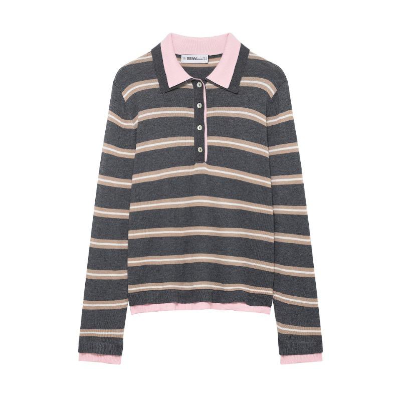 Women s Wholesale Style Women s Fashion Casual Loose Patchwork Striped Sweater S серый