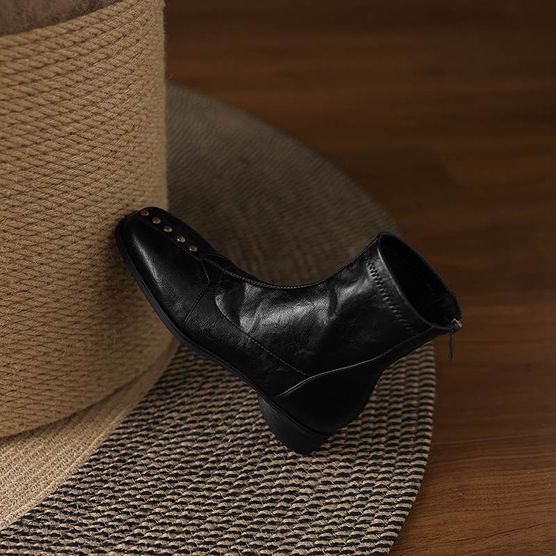 Krazing Pot Microfiber Winter Square Toe Modern Size 33 Boots Size 43 Metal Rivets Med Heels Zipper Women Ankle Boots