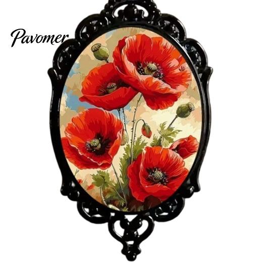 Whimsical Garden Party Accessories Oval Floral Pendant Necklace, Vintage Glass Dome Rose Retro Black Metal Jewelry Adjustable Cord for Women