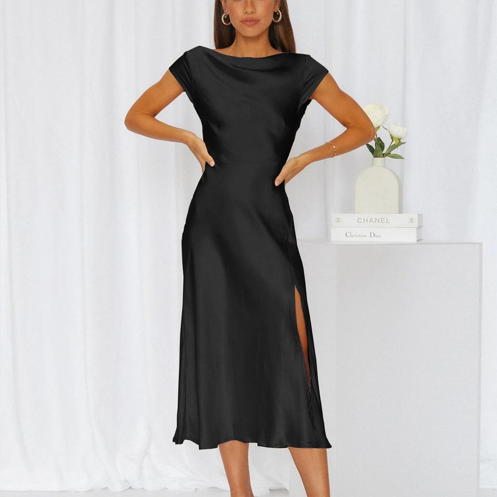 Women's Satin Dress Hanging Neck Solid Sleeveless Sexy Split Dress