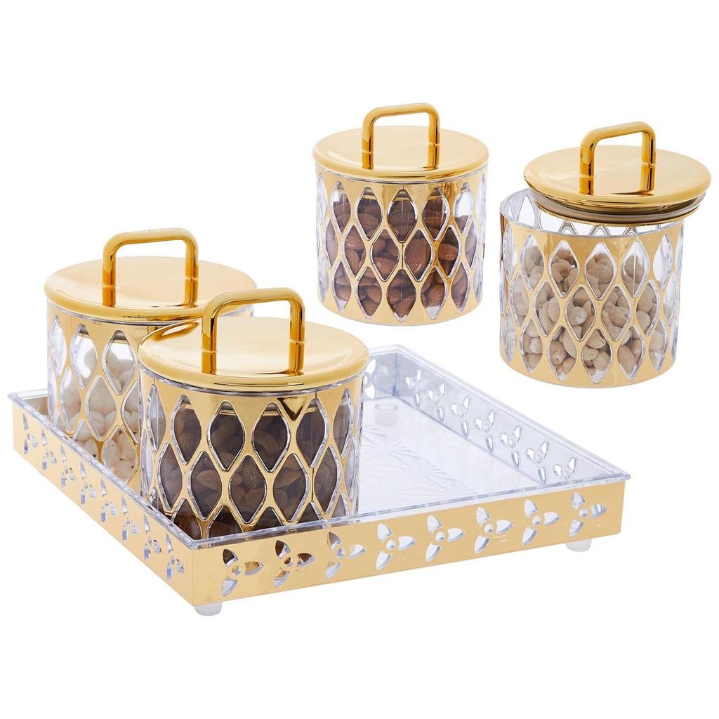 Airtight Dry Fruit Container Set With Tray|Plastic Dry Food Storage|500Ml, Set Of 4 (Golden)