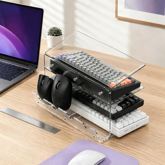 Computer Peripherals Organizer 3-Tier Keyboard Display Stand, Ergonomic Tilt Acrylic Storage Organizer, Shelf Space Saving Holder for Mechanical
