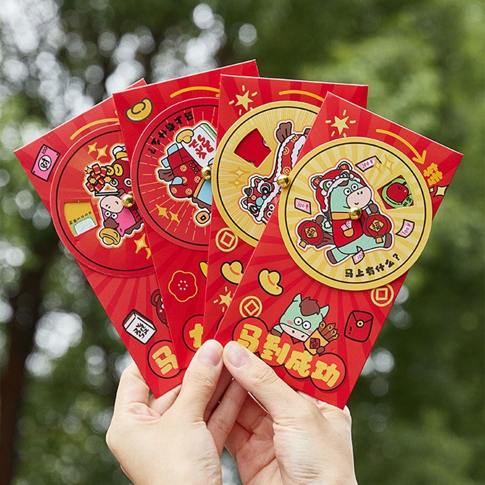 4Pcs Cartoon Chinese New Year Money Envelope Paper Craft Thickened Lucky Money Envelopes Year of The Horse Rotatable