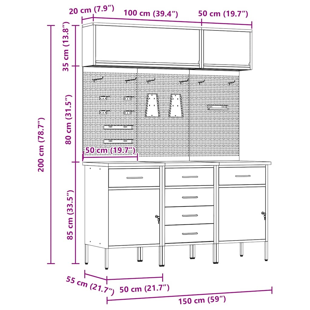 Workbench Cabinet Set with Drawers and Storage 8 pcs Red
