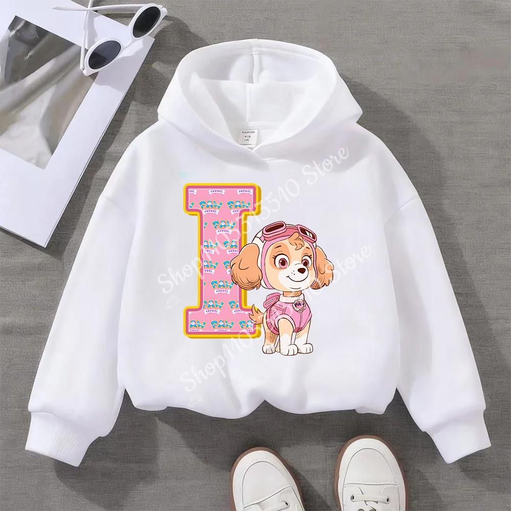 PAW Patrol Child White Long- Sleeve Hoodie Girls Skye Polyester Tops Cartoon 26 Letter Printed Pullover Children Birthday Gifts
