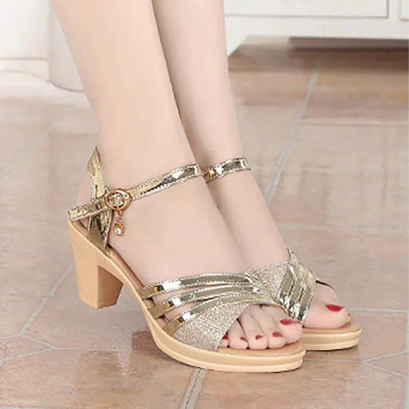 Sandali Estivi da Donna Taglia Grande, Tacchi Spessi, Tacchi Alti da Mamma, Plateau Resistente, Scarpe da Donna con Bottone Singolo, Traspiranti