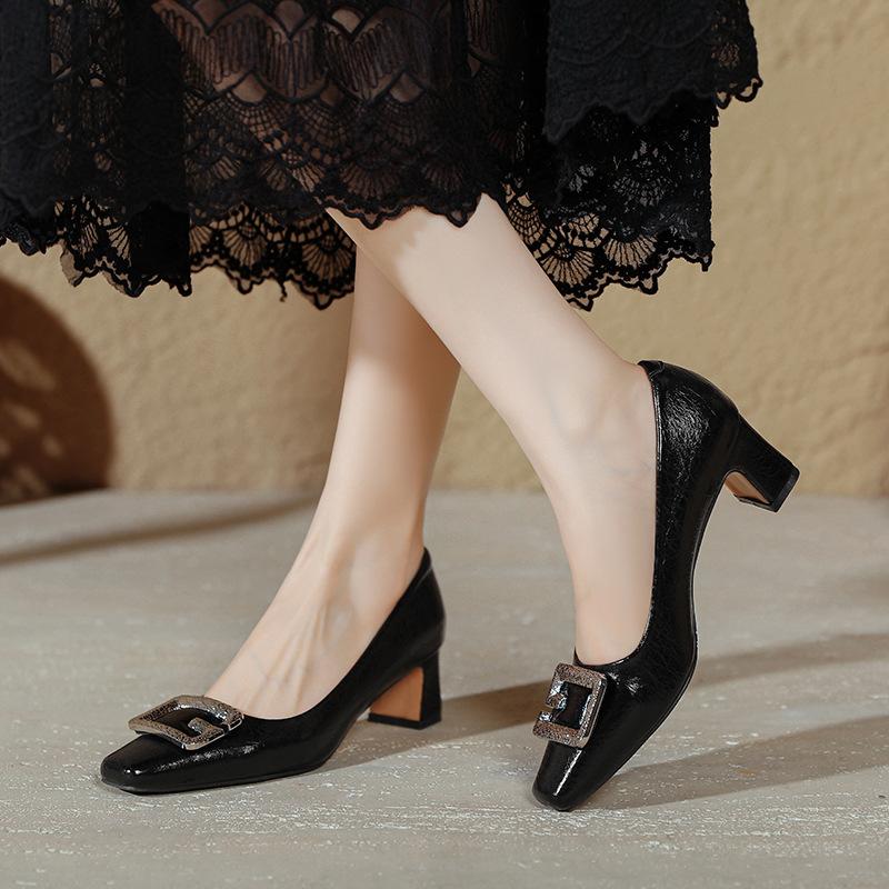 Medium heel shallow mouth single shoes women's new large size women's shoes burgundy square head high heels thick heel