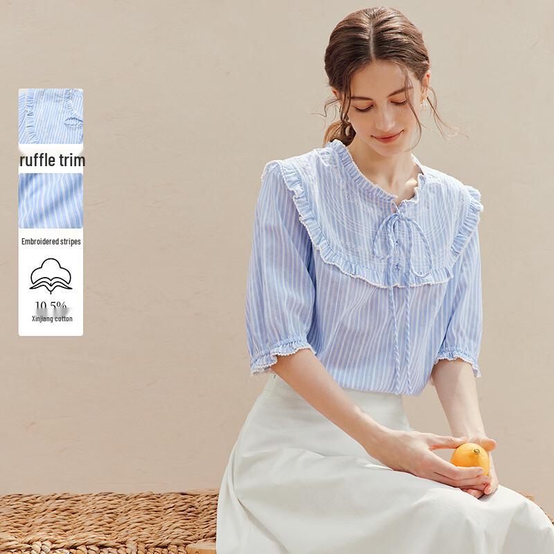 

INMAN French Striped Embroidered Ruffle Trim Shirt M