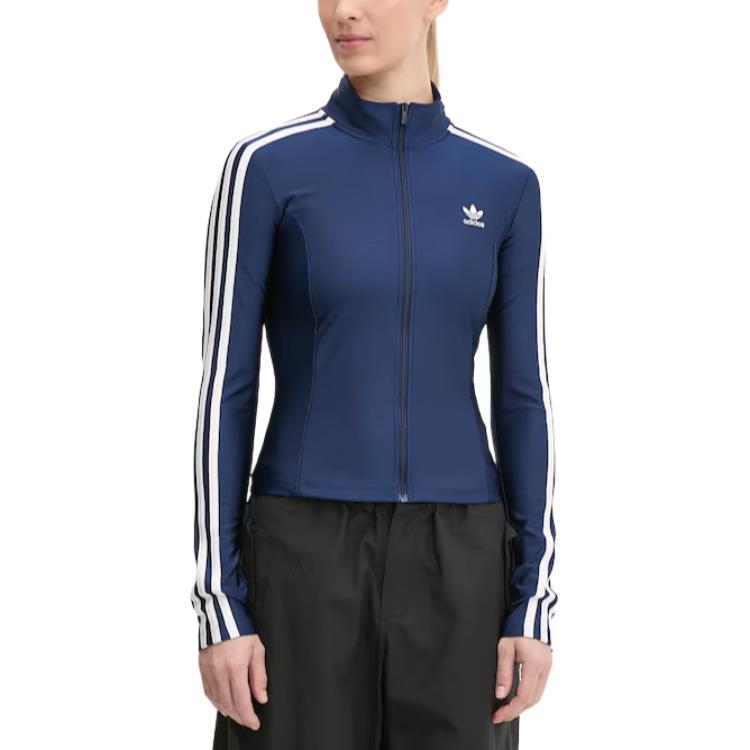 adidas Giacca da Donna Originali a Strisce con Collo Alto e Zip Manica Lunga Slim Giubbotti Blu Mezzanotte JD5023