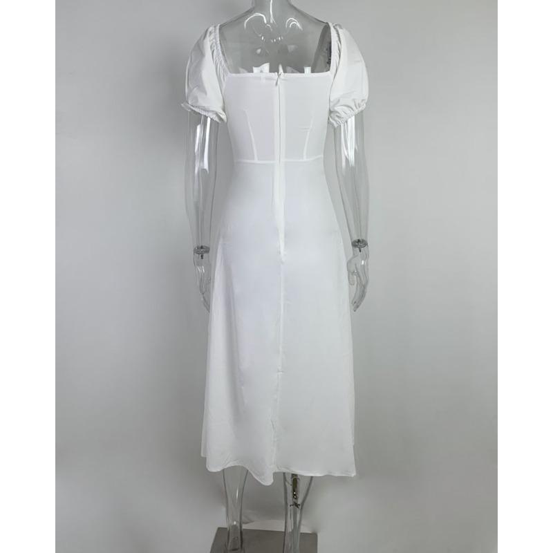 Spring Dresses Women Temperament Commuter Bubble Sleeve Tie Slit Long Skirt