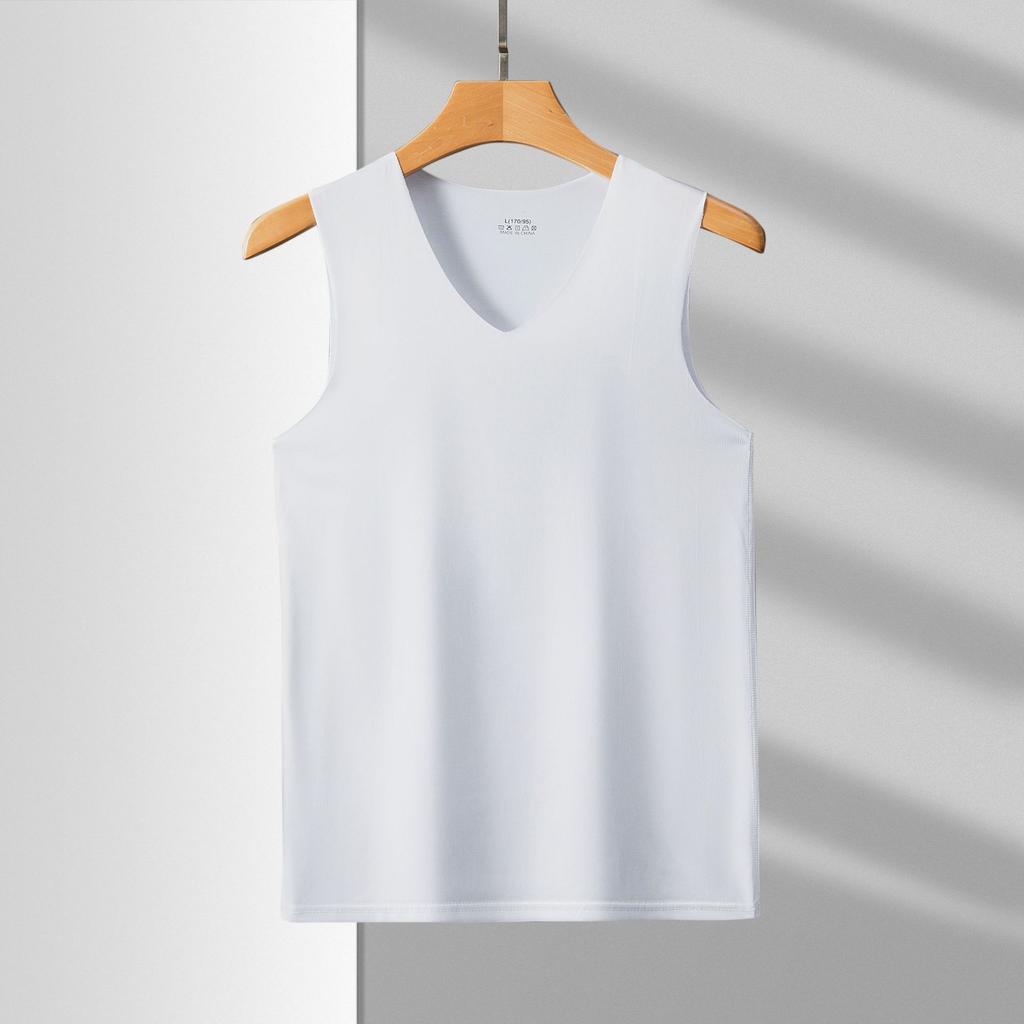 Große Größe Eis Seide Weste Herren grenzenloses Sport-Basisshirt V-Ausschnitt ärmelloses T-Shirt Sommer dünn einfarbig elastisch Herrenbekleidung