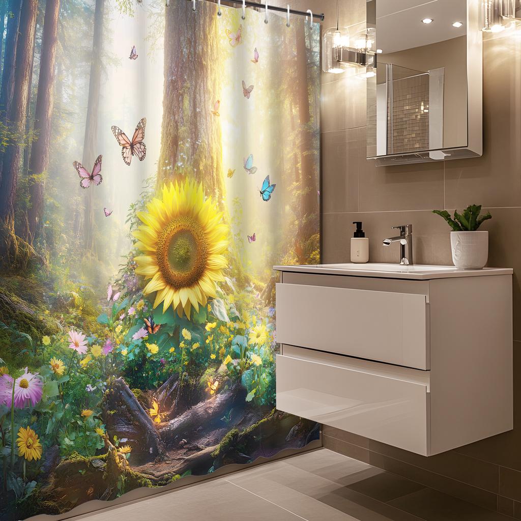 Sunshine Valley Fantasy Sunflower Butterfly Shower Curtain with 12 Hooks for Bathroom Decor