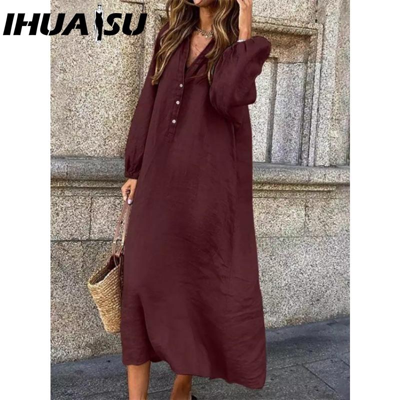IHUASU Moda dama primavara toamna imprimeu culoare solida maneca lunga talie inalta rochii casual