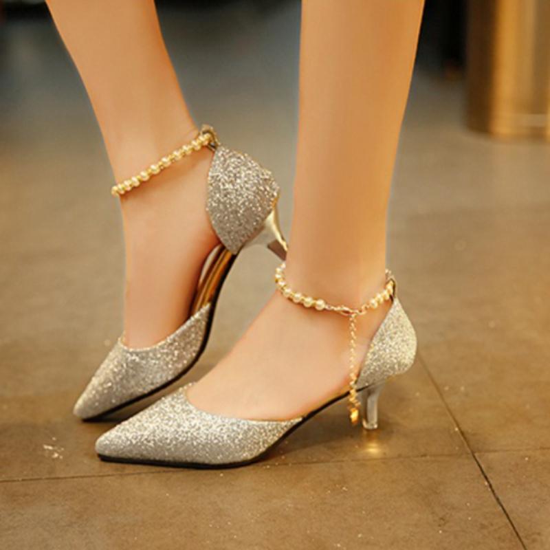 Sexy Pointed Toe Cut-Out Stiletto Heels for Women Pearl Beaded Ankle Strap Closed Back Sandals Summer