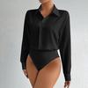 Damen Office Bluse Bodysuit Top Knopfleiste Kragen Langarm Einteiler Arbeitshemd Lässig Lockerer Schnitt Business Tops